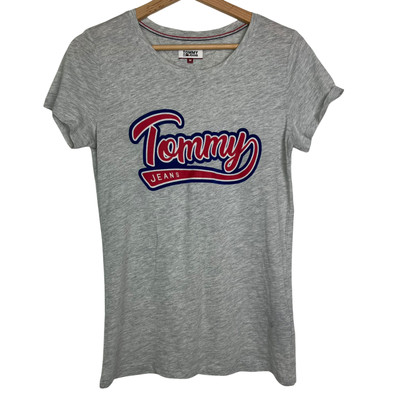 Tommy Jeans T-Shirt Damen Medium Grau Spell Out Basic Freizeit gesticktes Logo