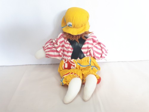 Vintage Clown 9 Zoll Stoffpuppe handbemalt Holzgesicht gestreifte Kleidung 1980er/90er GC - Bild 7 von 10