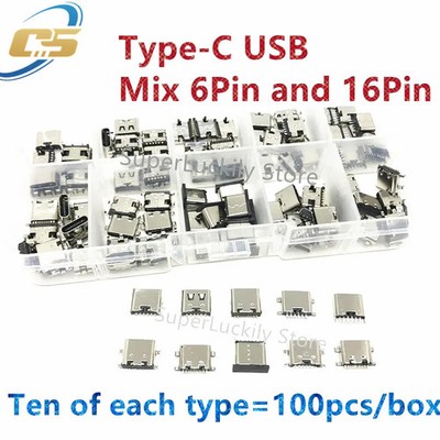 100PCS Type-C USB Charging Port Connector 10 Models 6Pin 16Pin Repair Kit Mix