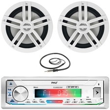 Pyle White Single-DIN Stereo Receiver, 2x 6.5" 180 Watt White Speakers, Antenna