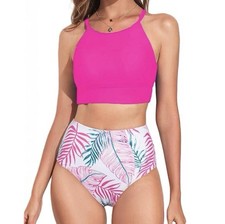 New Women  s 2 Piece Pink Halter Style High Waist Bikini Swimsuit Set / medium