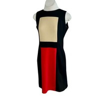 Calvin Klein Dress Colorblock Sheath Business Black Red Tan Sleeveless Size 8