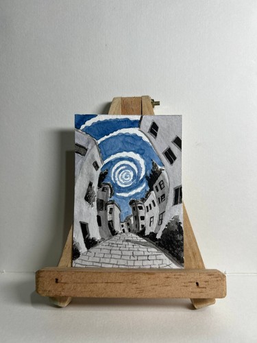 Original ACEO Watercolor Surreal Cobblestone Street Swirling Blue Sky Dreamlike
