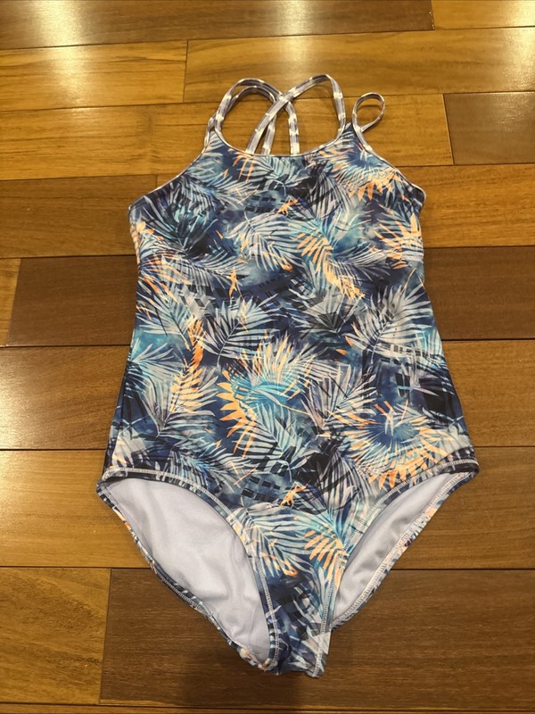 Athleta Girl One-Piece Swimsuit Tropical Palm Colorful Open Back Strappy Size 12