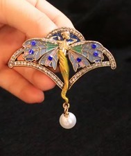  ART NOUVEAU FAIRY BROOCH WITH ENAMELLED WINGS DIAMANTÉ GOLD PLATED NEW  + Pouch
