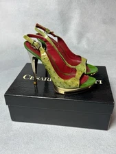 Cesare Paciotti Sword Heels Green Ostrich Leather Gold Platform Womens Size 36.5