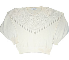 Vintage Victoria Harbour Sweater Womens Sz M Ivory Beaded 80s Ramie Cotton Glam