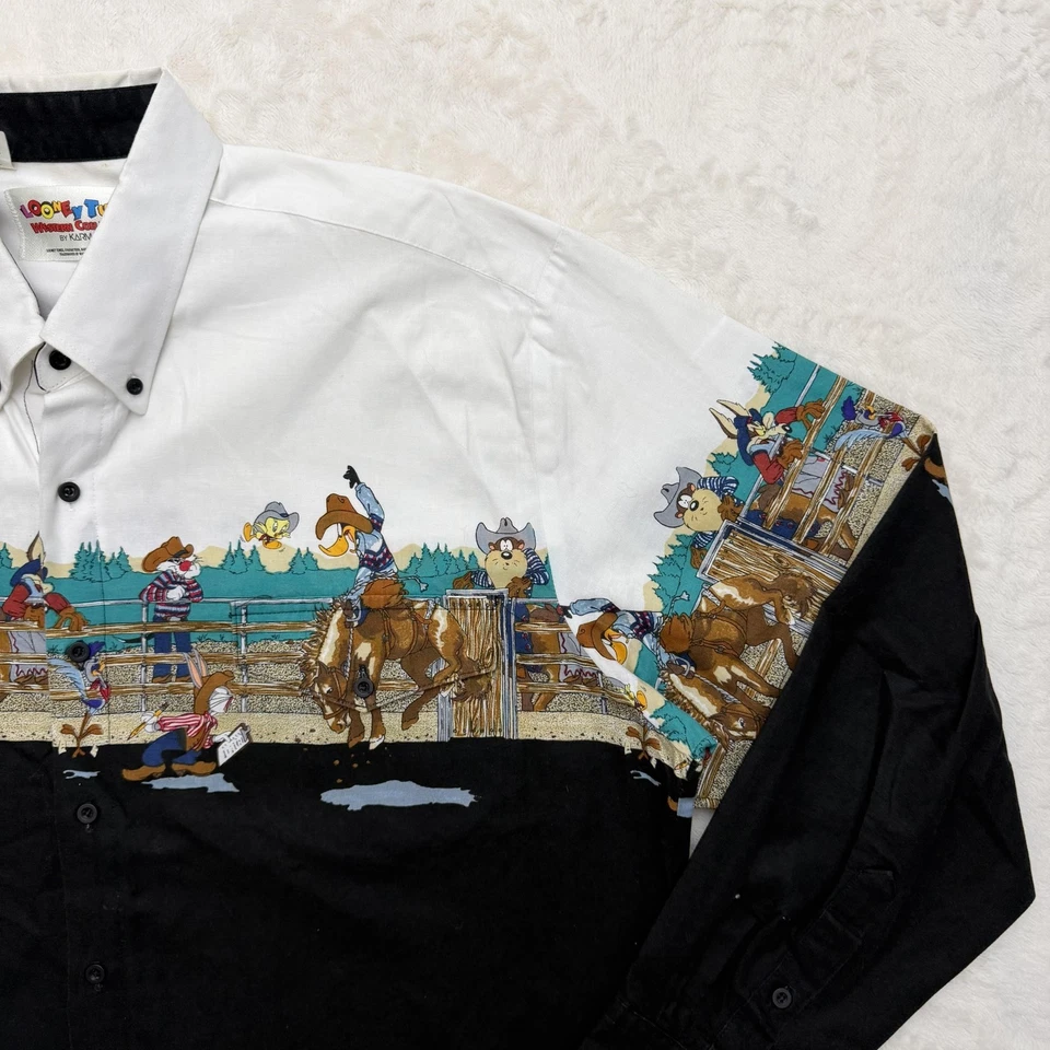 Camisa Western Masculina Vintage Looney Tunes Karman Extra Grande Preta Branca Rodeio EUA Anos 90 - Imagem 3 de 4