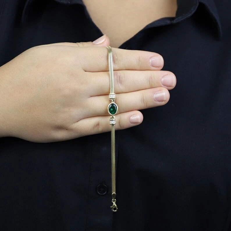 Women Emerald Herringbone Chain May Birthstone Bracelet - Image 4 of 4