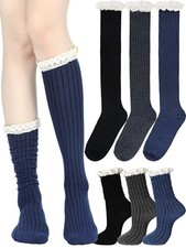 3 Pairs Cotton Knit Boot Socks Knee High Stockings Black,dark Gray,navy Blue