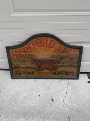 Hereford Ales Wood Sign 24x36  Hay On Wye Bull