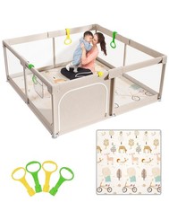 Baby Playpen with Mat, 59x59in Playpen for Babies and Toddlers, Grey