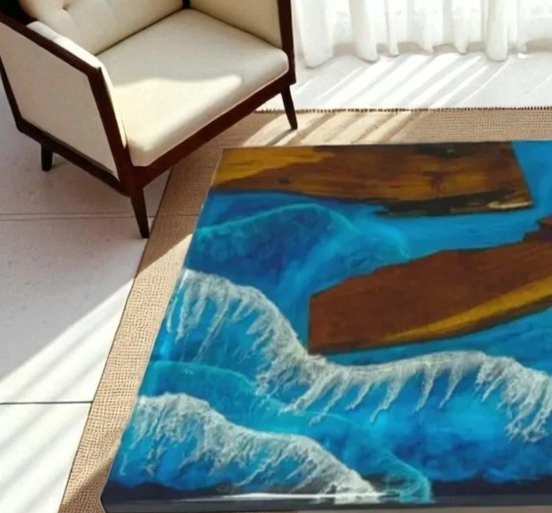 Blue Wave Epoxy Resin Center Dining Table Natural Wooden Live Edge Decor - Image 3 of 4