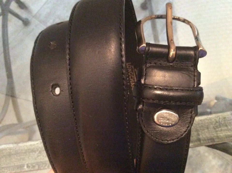 LONGCHAMP PARIS Mens CUIR DE VACHETTE Belt Sz Free Size Black FRANCE Brass Buckl — 第 3/4 张图片