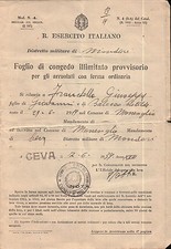 MONESIGLIO CUNEO FOGLIO DI CONGEDO ILLIMITATO  CEVA 1939 