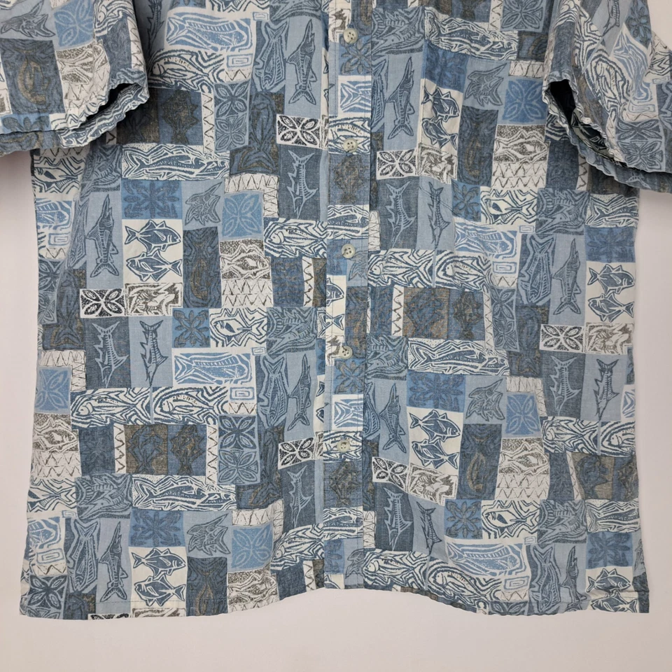 Camisa Hawaiana Go Barefoot De Colección Para Hombres Grande Azul Abotonada S/S Pez Tribal EE. UU. Foto 3 de 4