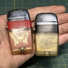 2 LOT Vintage Scripto Vu Lighters Red Butterfly & Black Bowling Strike