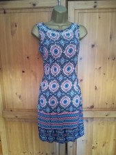M&Co Size 8 Petite Blue  Orange Patterned Embellished Shift Dress Sleeveless VGC