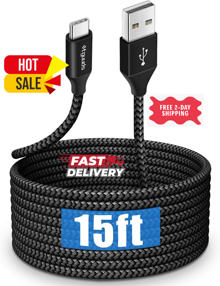 15Ft Nylon Braided USB C to USB 2.0 Fast Charging Cable