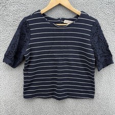 Ann Taylor LOFT Womens S Navy Striped Short Floral Lace Sleeve Career Top Zip