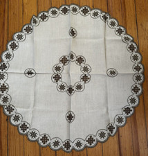 Lefkara Lace & Embroidery Beige & Brown Linen Round Tablecloth Diameter 32"