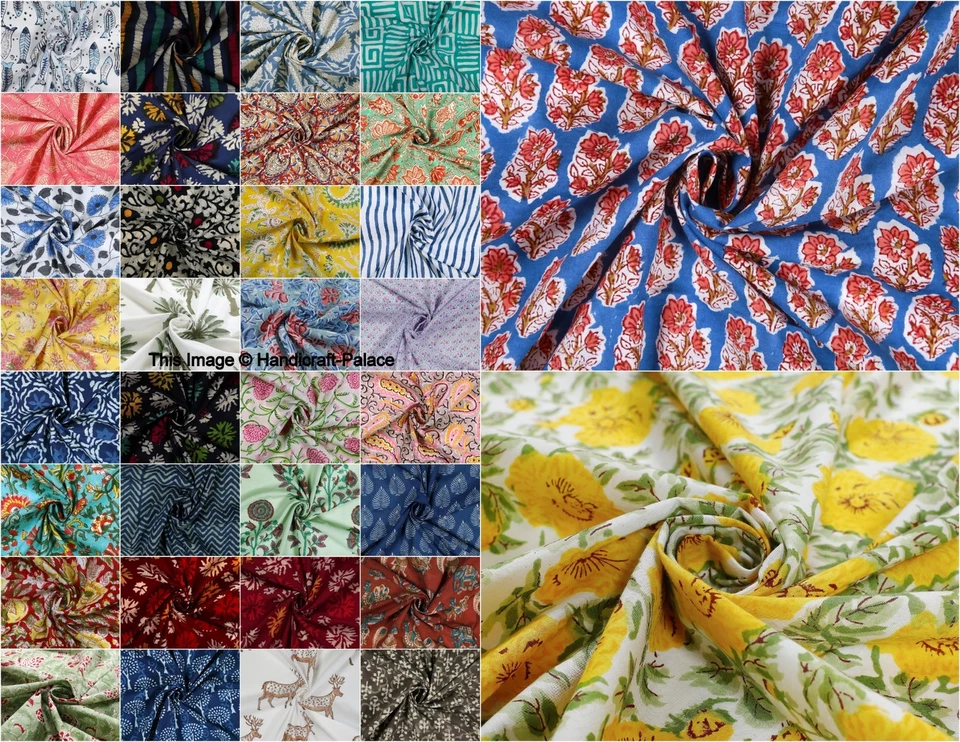 Pure 100% Indian Hand Block Print Fabric Cotton Many Colour Shot 44" Wide By YD - Image 1 of 1