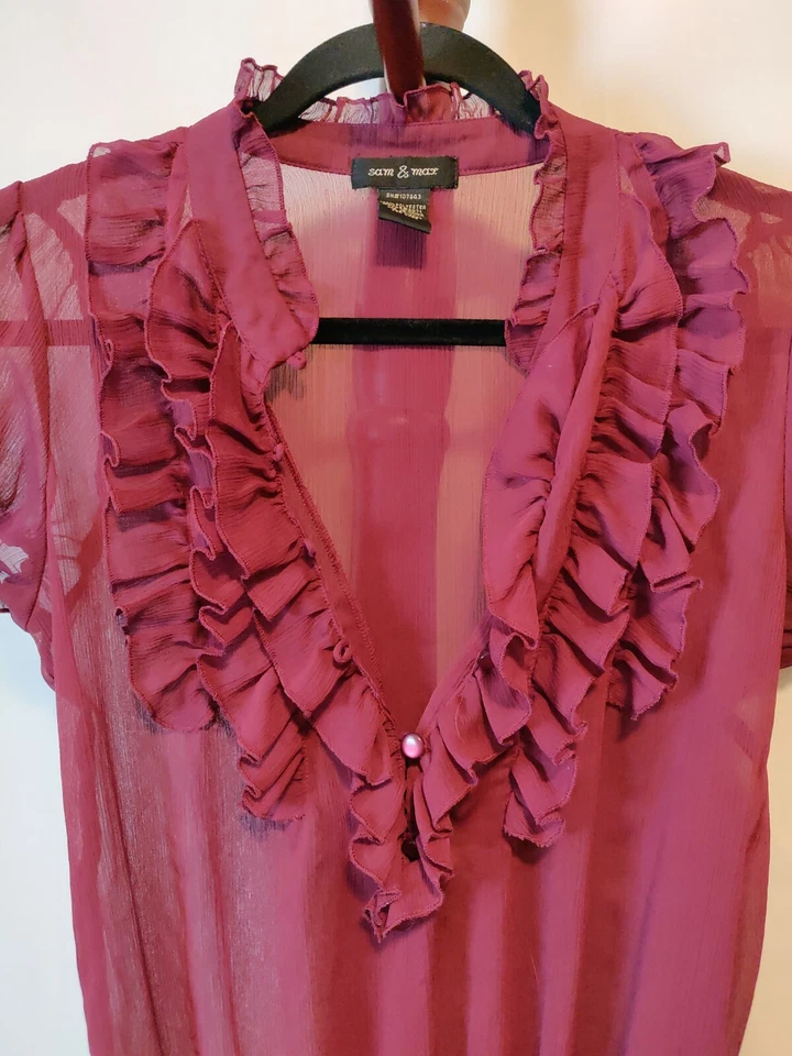 Sam & Max feminino L transparente top roxo gola V com babados SS parte inferior com faixas em excelente estado usado - Imagem 2 de 4