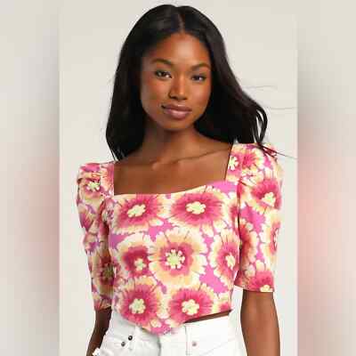 NWT Free People Give Me More Pink Multi Floral Half Sleeve Crop Top Medium