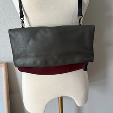 Skagen Denmark Leather Crossbody Purse Fold Over Burgundy Grey Handbag Satchel