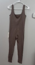 OQQ Women's Ribbed Full Length Bodysuit Brown M Stretch