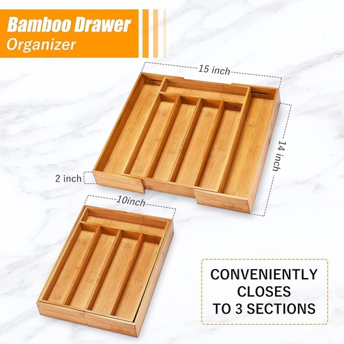 Bamboo Expandable Silverware Organizer Flatware Kitchen Drawer Organizer Bamboo - Picture 6 of 9