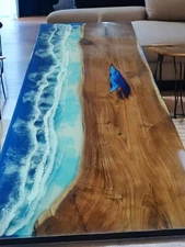 Ocean Beach Blue Dining Table with Epoxy Resin Acacia Wooden Counter Top Decor