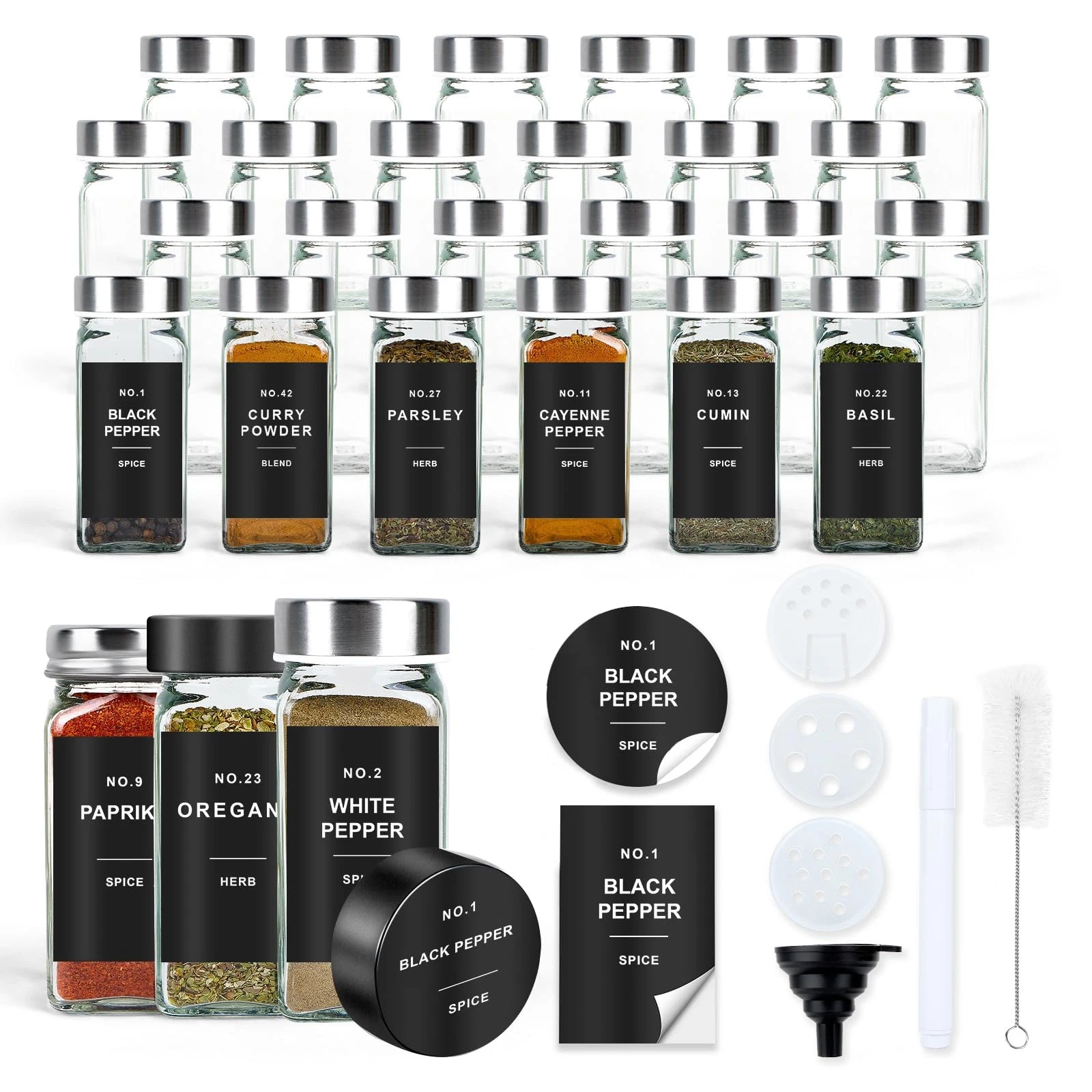 Spice Jars with Label, 24pcs 4oz Glass Spice Jars with Stainless Steel Lids, ...