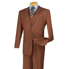 Vinci Men's Regular Fit 3-Piece Solid Color Suit Cognac