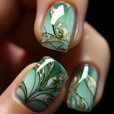 NEW Green Shimmer Leaves |  24 Short Press-On Fake False Nails | 1003