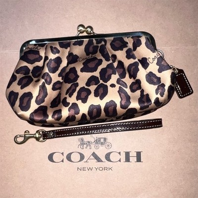 COACH VINTAGE KissLock Leopard Print Satin Pouch Wallet Wristlet