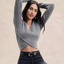 Loft Ribbed Knit Crossover Cropped Sweater Size Medium Heather Gray New with tag