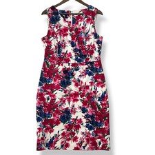 Talbots Sheath Dress 10 Pink Blue Floral Garden Cotton Stretch Wedding Guest