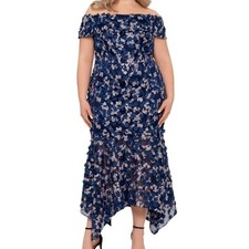 Xscape Navy Floral Off Shoulder Handkerchief Hem Maxi Dress 22W