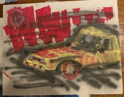 Original poster art by  Ody West painting car cars 22x28 blood moon graffiti  