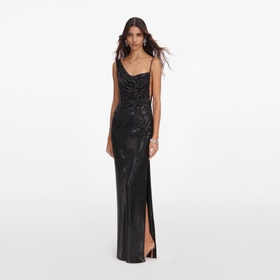 Self Portrait BLACK RHINESTONE DRAPED DRESS $ 1030 Size US 0 UK 4