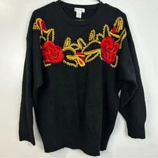 Vintage Eminent Lambswool/Angora Black and Red Embroidered Rose Sweater Size 1X