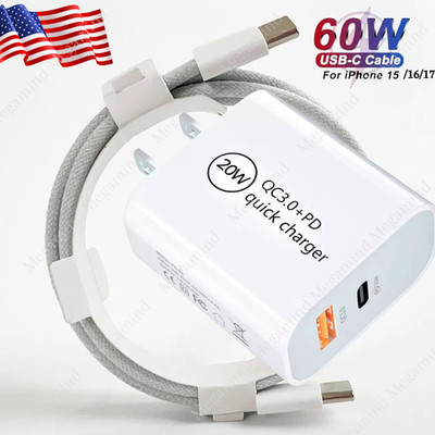 20W USB C Fast Charger PD USB C Type C Cable Power Adapter For iPhone 15 16 17