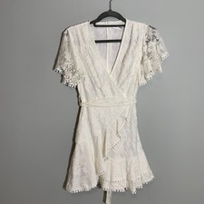 Saints + Secrets White Lace Pom Pom Trim Wrap Flutter Sleeve Mini Dress