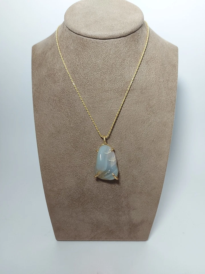 Collana Argento 925 Donna Dorato e Ciondolo Grande Pietra Naturale Agata Marrone - Immagine 2 di 4