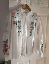 River Island White Pastel Floral Embroidered Shirt Crochet Trim Blouse 18 