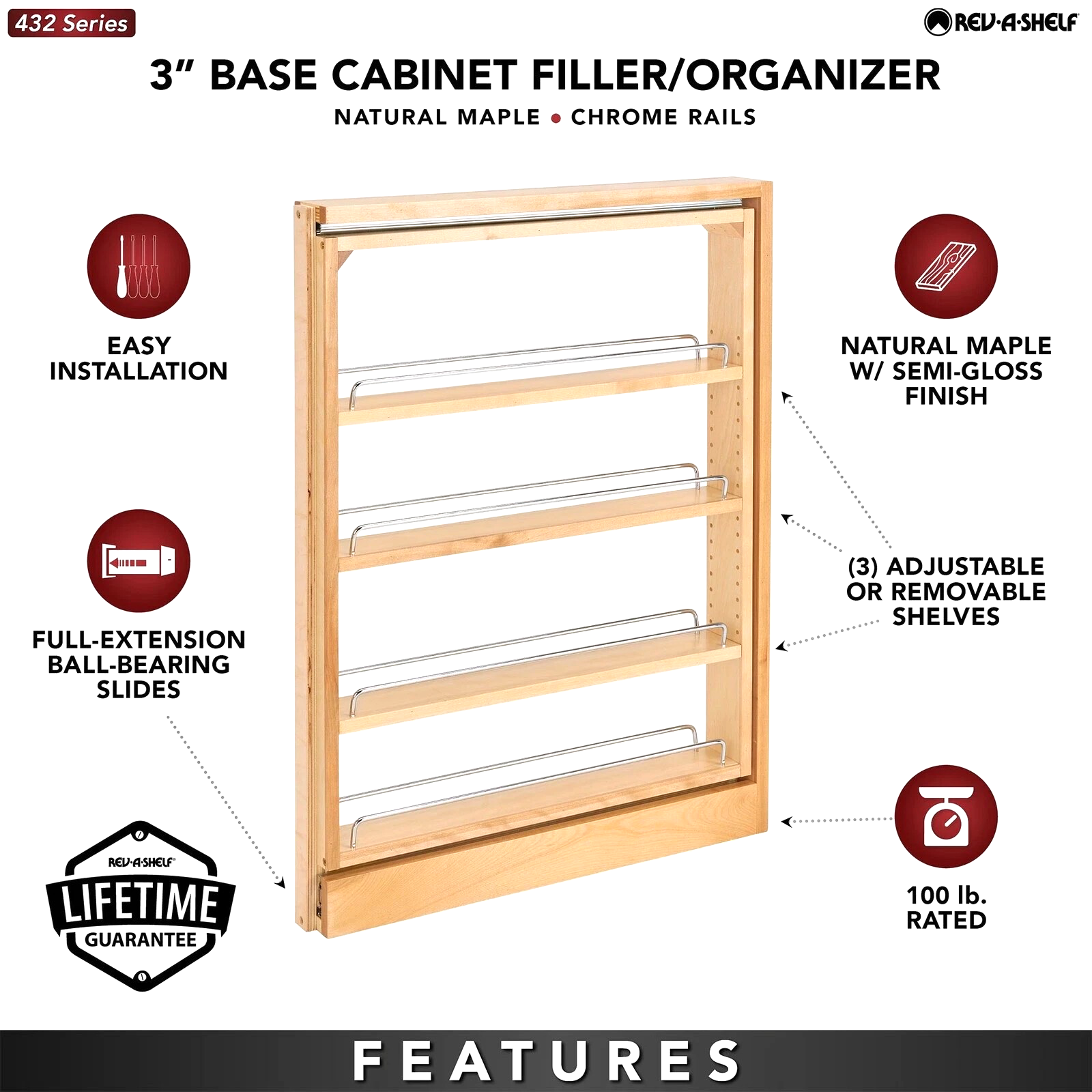 Rev-A-Shelf 432-BF-3C Pull-Out Spice Rack for Extra Cabinet Storage