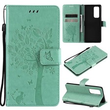 Tree & Cat Pattern Pressed Printing Horizontal Flip PU Leather Case with Holder
