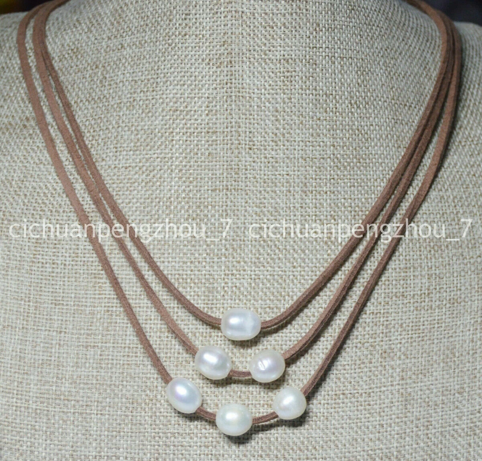3 Rows Natural 10x12mm South Sea White Pearl Leather Rope Necklace 18-20" - image 4 of 4