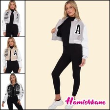 Womens Varsity Cropped Jacket Baseball Ladies Faux Leather PU Bomber Jacket Top